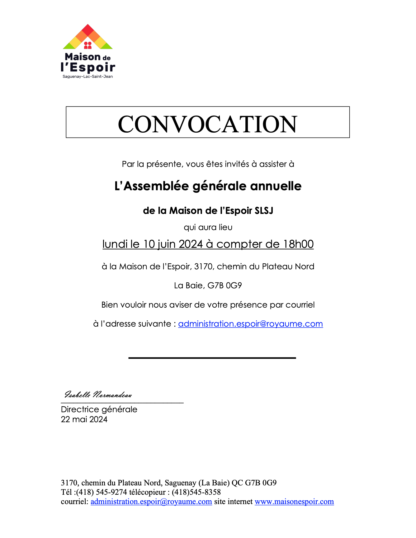 Convocation - La Maison de l'Espoir